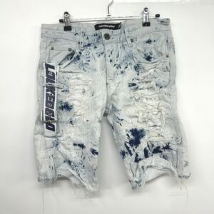 Y2K Distressed Denim Shorts 32 Bleach Wash Cargo Rave Skater Streetwear Cyber